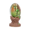 Baby Dragon Sculpture Glass Egg - Green Scales Bronze Base A green baby dragon curled inside a transparent glass egg on an ornate bronze base.