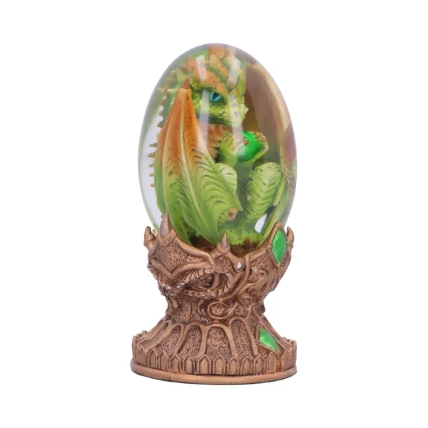 Baby Dragon Sculpture Glass Egg - Green Scales Bronze Base A green baby dragon curled inside a transparent glass egg on an ornate bronze base.