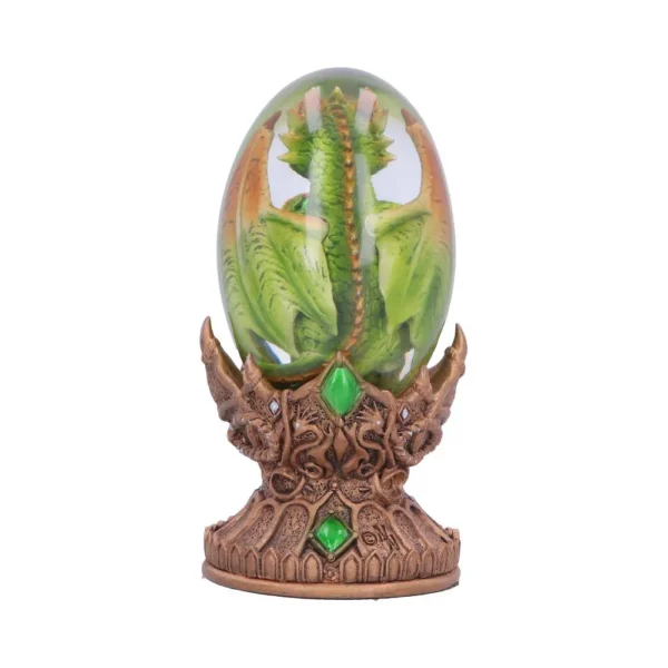 Dragon Egg Figurine Bronze Base - Green Translucent Sculpture A green dragon figurine curled inside a translucent egg on an ornate bronze decorative base.