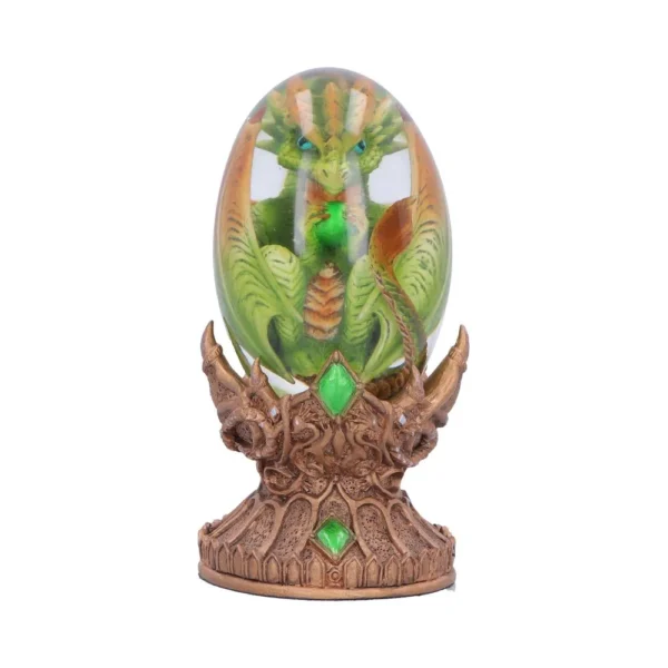 Green Dragon Egg Figurine Bronze Base - Translucent Gem Detail A green dragon curled inside a translucent egg on a bronze ornate base with gemstones.