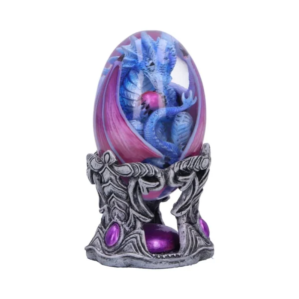 A blue dragon inside a purple-pink crystal egg with a silver ornate base.
