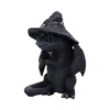 Black Dragon Figurine Resin Sculpture - Silver Wizard Hat A small black dragon figurine wearing a silver-accented wizard hat with folded wings.