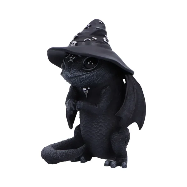 Black Dragon Figurine Resin Sculpture - Silver Wizard Hat A small black dragon figurine wearing a silver-accented wizard hat with folded wings.