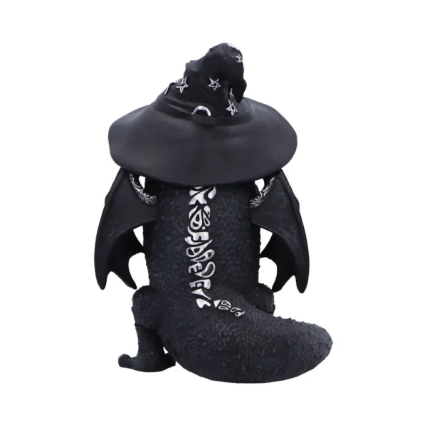Black Dragon Figurine Resin Statue - Wizard Hat Fantasy Decor A black dragon figurine wearing a wizard hat decorated with white stars and crescent moons.