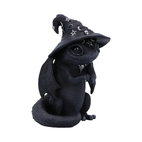 Black Dragon Figurine Resin Statue - Silver Star Wizard Hat A small black dragon figurine wearing a silver-starred wizard hat with folded wings and shiny eyes.