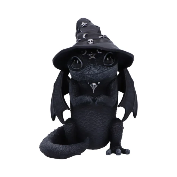 Black Dragon Figurine Resin Sculpture - Wizard Hat Design A cute black dragon figurine wearing a floppy wizard hat with stars and moons.