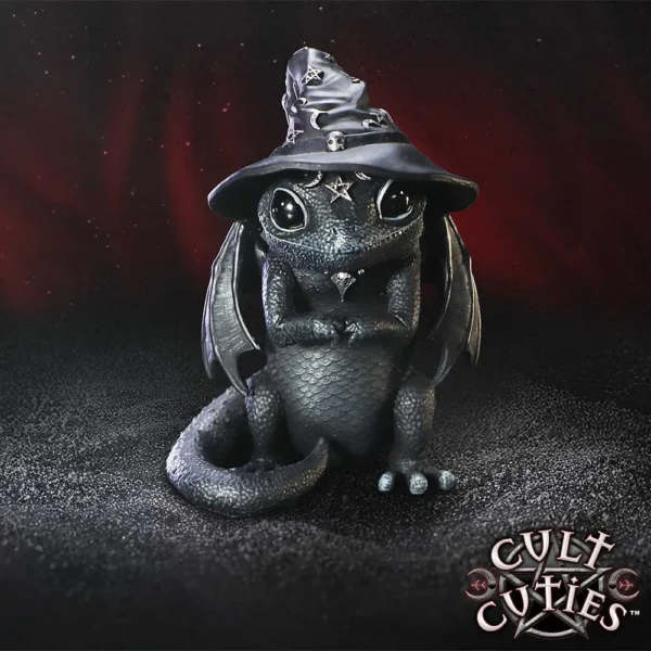 Black Dragon Figurine Resin Statue - Wizard Hat Occult Design A cute black dragon figurine wearing a wizard hat with skull and pentagram decorations.