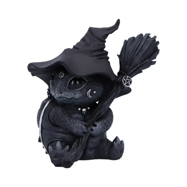 Black Dragon-Toad Figurine Resin Sculpture - Witch Hat & Broom A small black dragon-toad figurine wearing a witch hat and holding a broomstick.