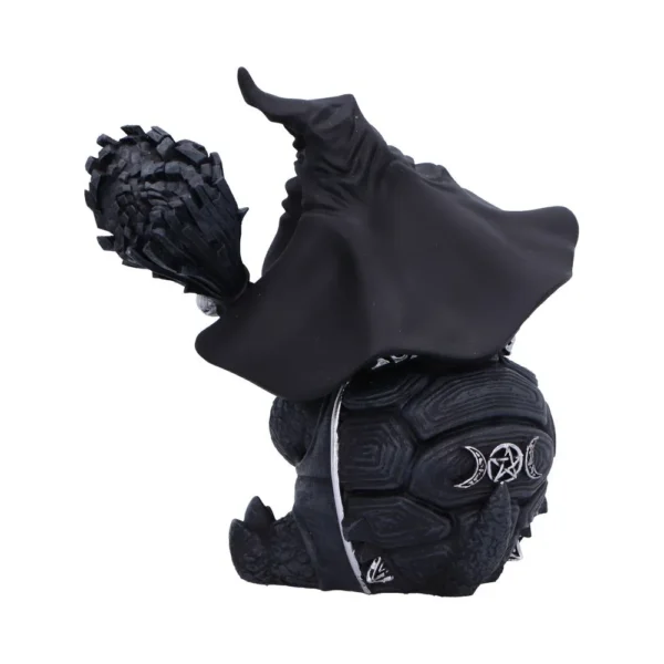 Mystical Turtle Figurine Resin Sculpture - Black Witch Design A black mystical turtle figurine wearing a witch hat and cloak, holding a small broomstick.