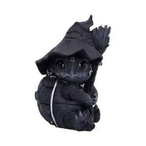 A small dark fantasy baby dragon-turtle figurine wearing a witch hat and holding a broom.
