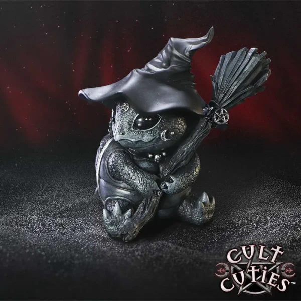 Cute Gothic Dragon Figurine Resin Statue - Black Witch Theme Cute gothic baby dragon figurine wearing a witch hat and holding a broom with a pentagram charm.