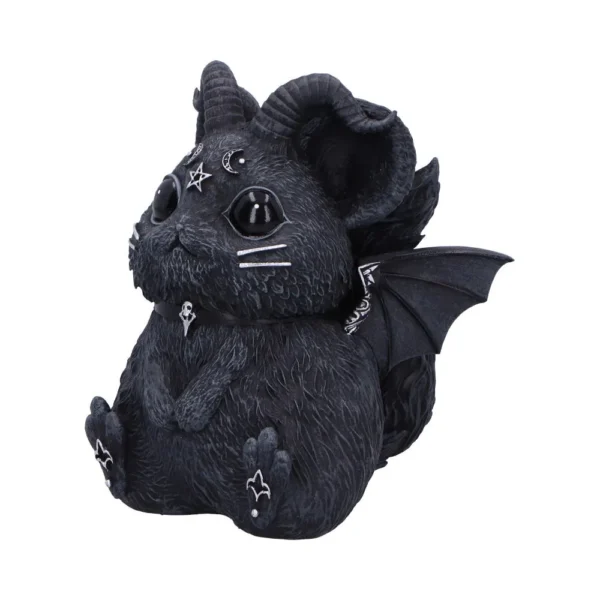 Black Gothic Chinchilla Figurine Resin Sculpture With Horns Cute black demonic chinchilla figurine with goat horns, bat wings, and occult moon symbols.