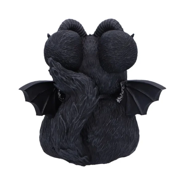 Black Cat Demon Figurine Sculpture - Horned Winged Design A black cat-like demon figurine with horns, bat wings, and a coiled furry tail.