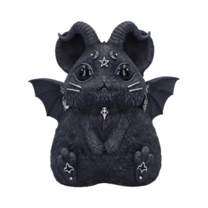 Gothic Hamster Figurine Plush Black - Horned Bat Wings Design A gothic hamster figurine with horns, bat wings, and occult symbols on its forehead.