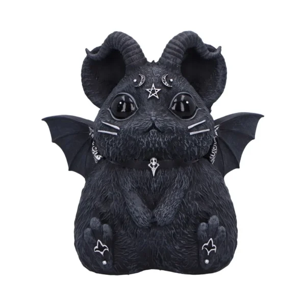 Gothic Hamster Figurine Plush Black - Horned Bat Wings Design A gothic hamster figurine with horns, bat wings, and occult symbols on its forehead.