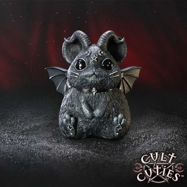Cult Cuties Mouse Figurine Black Resin With Horns And Wings A cute black mouse figurine with horns, bat wings, and occult symbols on a red background.