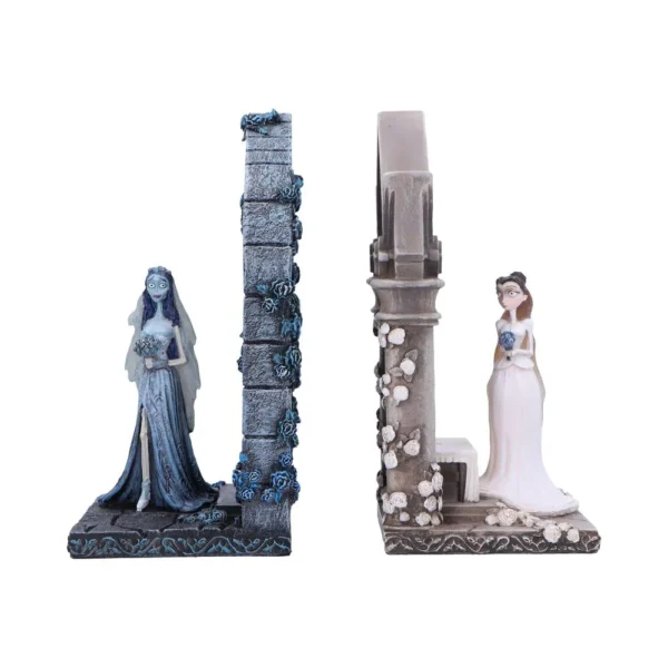 Two gothic bridal bookends showing ghostly and living brides facing each other, floral stone pillars between. The-Hidden-Hatch