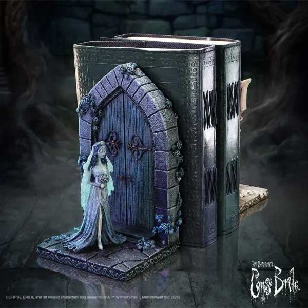 Corpse Bride Emily gothic bookend sculpture with ornate arched door and aged stone details The-Hidden-Hatch