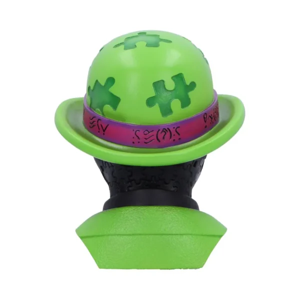 A green puzzle-themed bust with a bowler hat and purple band, viewed from behind.