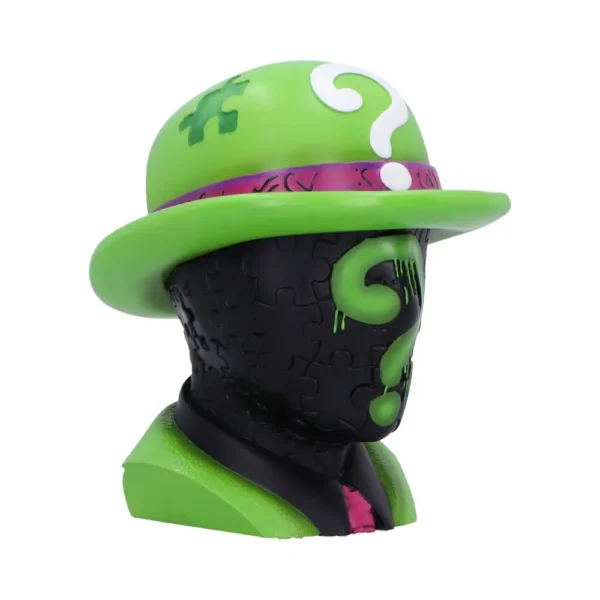 Riddler Bust Sculpture Black Puzzle Texture Green Hat Design Stylized Riddler bust with green hat, black puzzle face, and dripping lime question mark.