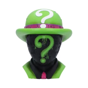 Riddler-Inspired Designer Bust Sculpture Green Hat Dripping Mark Stylized Riddler-inspired bust with green hat, puzzle-patterned black face, and dripping question mark.