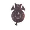 Gothic Black Cat Clock Sculpture - Pentagram Wings Design A gothic black cat with bat wings perched over a pentagram clock with Roman numerals.