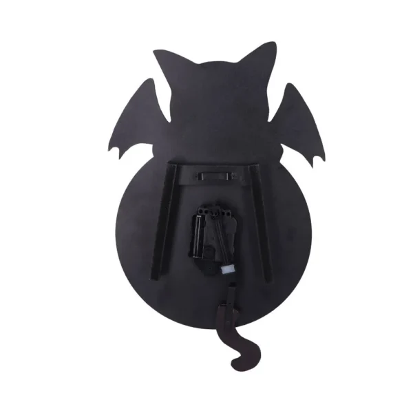 Bat Cat Wall Clock Wood Black - Quartz Movement Back View Back view of a black bat-cat shaped wall clock showing quartz mechanism and hanging bracket.