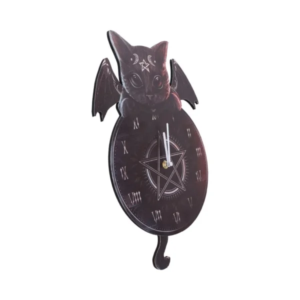 Gothic Cat Wall Clock Metal Black - Winged Pentagram Design A gothic fantasy wall clock with a winged black cat and pentagram design.