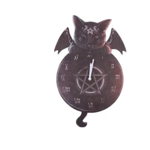 Gothic Black Cat Clock Sculpture - Pentagram Wings Design A gothic black cat with bat wings perched over a pentagram clock with Roman numerals.