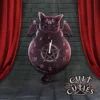 Gothic Cat Wall Clock Sculpture Black - Pentagram and Wings Gothic black cat wall clock with wings and pentagram design against a gray brick background.