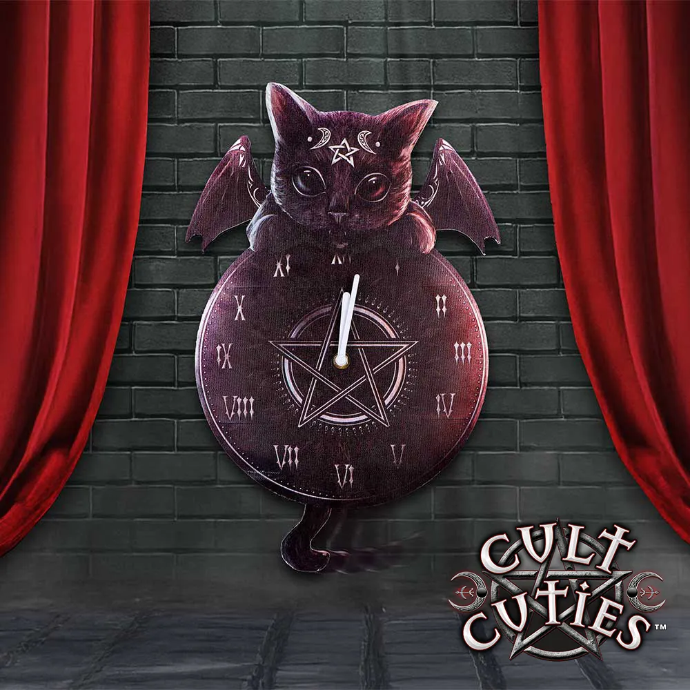 Gothic Cat Wall Clock Sculpture Black - Pentagram and Wings Gothic black cat wall clock with wings and pentagram design against a gray brick background.