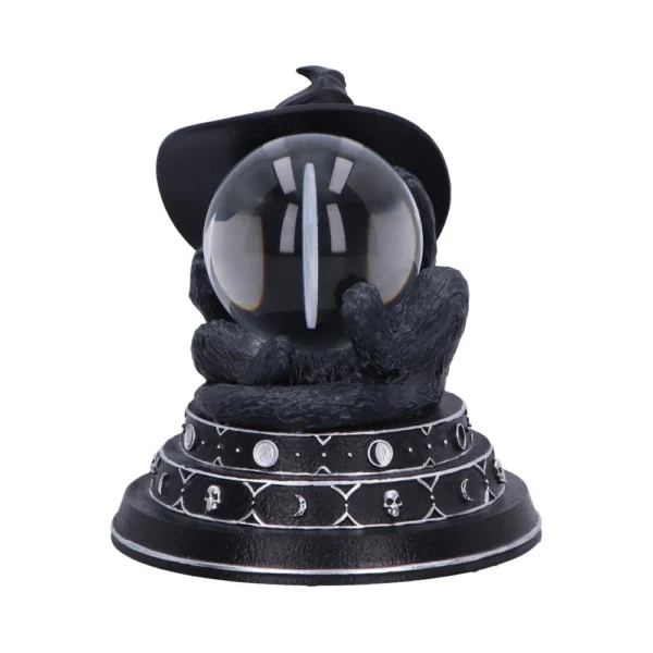 Black Cat Witch Figurine Resin Sculpture - Crystal Ball Holder Black cat figurine wearing a witch hat holding a clear crystal ball on a silver-decorated base.