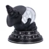 Black Cat Witch Figurine Resin Sculpture - Crystal Ball Pentagram A black cat figurine wearing a witch hat holding a crystal ball with a pentagram inside.
