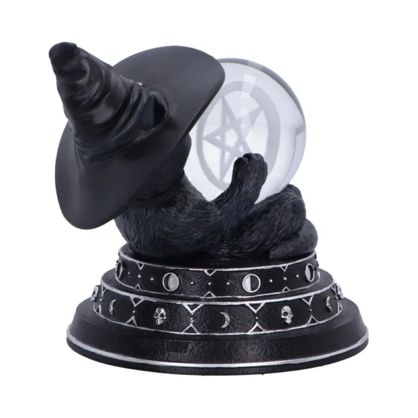 Black Cat Witch Figurine Resin Sculpture - Crystal Ball Pentagram A black cat figurine wearing a witch hat holding a crystal ball with a pentagram inside.