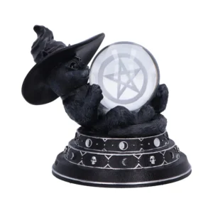 Black Cat Witch Figurine Resin Statue - Crystal Ball Pentagram Black cat figurine wearing a witch hat holding a crystal ball with a pentagram.