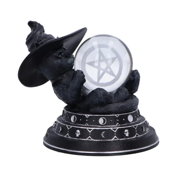 Black Cat Witch Figurine Resin Statue - Crystal Ball Pentagram Black cat figurine wearing a witch hat holding a crystal ball with a pentagram.
