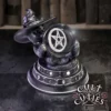 Black Cat Witch Figurine Resin Statue - Glowing Crystal Ball A black cat figurine wearing a witch hat holding a glowing crystal ball with a pentagram.