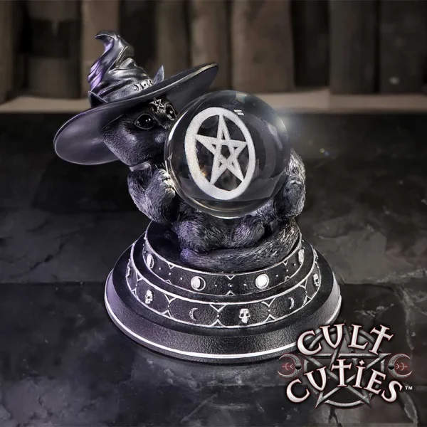 Black Cat Witch Figurine Resin Statue - Glowing Crystal Ball A black cat figurine wearing a witch hat holding a glowing crystal ball with a pentagram.
