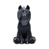 Gothic Unicorn Figurine Plush Style Black - Silver Horn Pentagram A black gothic unicorn figurine with silver horn, pentagram symbol, and small skull accents.