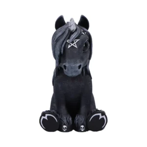 Gothic Unicorn Figurine Plush Style Black - Silver Horn Pentagram A black gothic unicorn figurine with silver horn, pentagram symbol, and small skull accents.