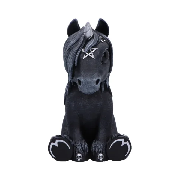 Gothic Unicorn Figurine Plush Style Black - Silver Horn Pentagram A black gothic unicorn figurine with silver horn, pentagram symbol, and small skull accents.