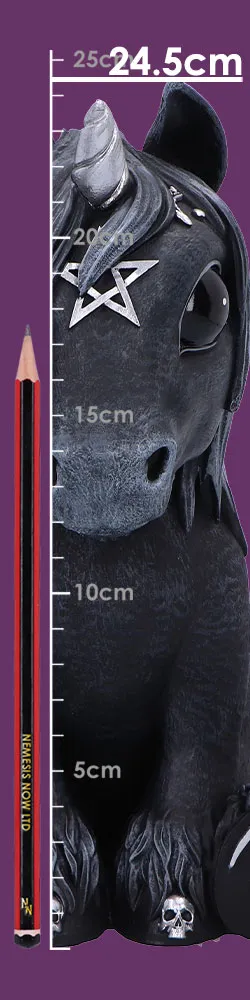 Gothic Unicorn Statue Figurine Black Resin - Silver Accents A gothic black unicorn statue with silver accents beside a pencil and height scale.