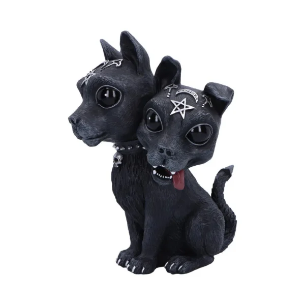Two-Headed Dog Sculpture Resin Black - Gothic Silver Accents A black two-headed dog sculpture with silver gothic symbols and large glossy eyes.