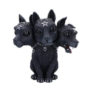 Cerberus Dog Figurine Gothic Black Statue - Three-Headed Design A black three-headed Cerberus dog figurine with gothic symbols and metallic accessories.