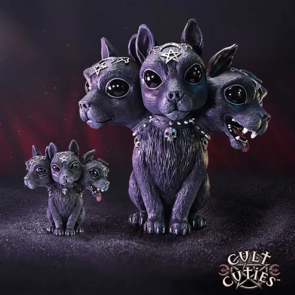Cerberus Dog Figurine Resin Statue Purple - Gothic Silver Charms Cute gothic three-headed purple dog figurines with silver charms and skull collars on a dark background.