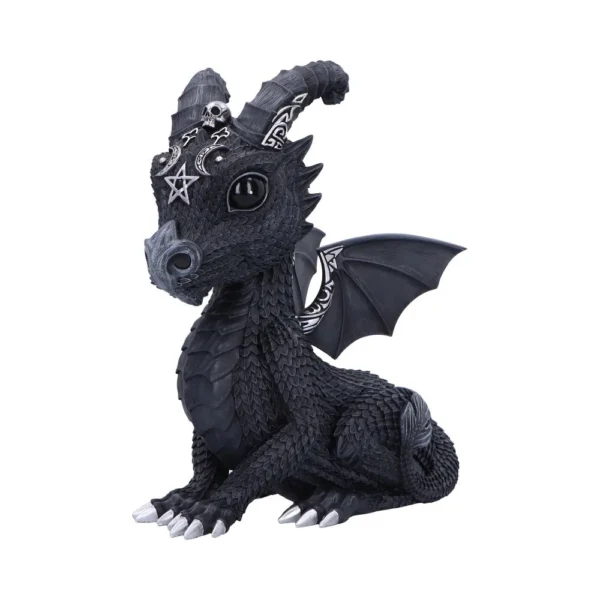 Gothic Dragon Figurine Sculpture Black Resin - Celtic Detailing A small black gothic dragon figurine with white Celtic patterns and silver claw details.