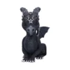 A small black gothic dragon figurine with silver horns and mystical symbols on its head.