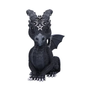 Gothic Dragon Figurine Resin Sculpture Black - Mystical Symbols A small black gothic dragon figurine with silver horns and mystical symbols on its head.