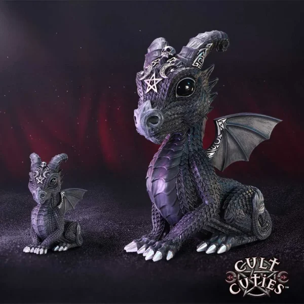 Cult Cuties Dragon Figurines Set - Purple Black Gothic Accents Two cute purple and black dragon figurines with gothic horns and pentagram accents on a dark background.