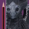 Gothic Dragon Figurine Resin Sculpture - Black With Silver Details A small black gothic dragon figurine with silver details beside a red-and-black pencil on purple.
